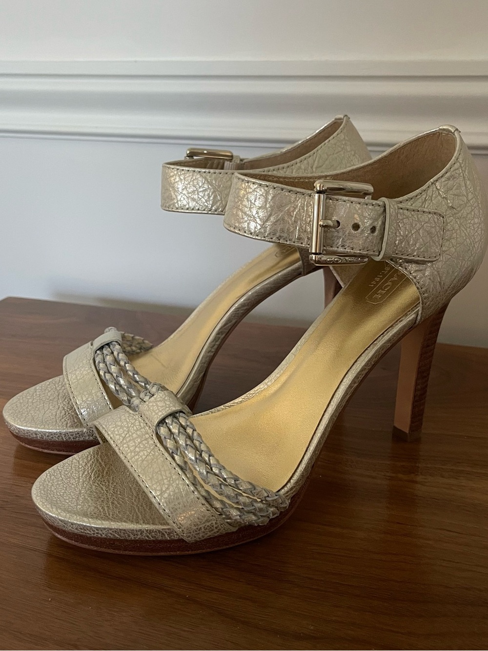Coach Metallic Gold Braided Strap Ankle Buckle Sandals Heels 9.5